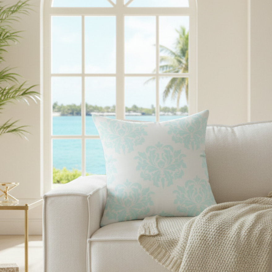 Light Aqua Damask Throw Pillow