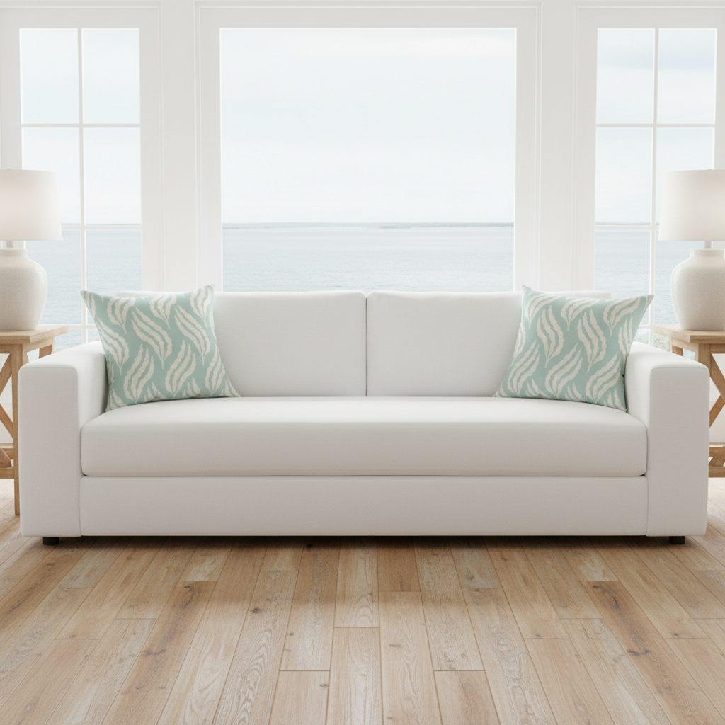 Two Aqua Leaf Pattern Throw Pillows with seafoam aqua backdrop and cream brushstrokes on a white sofa.