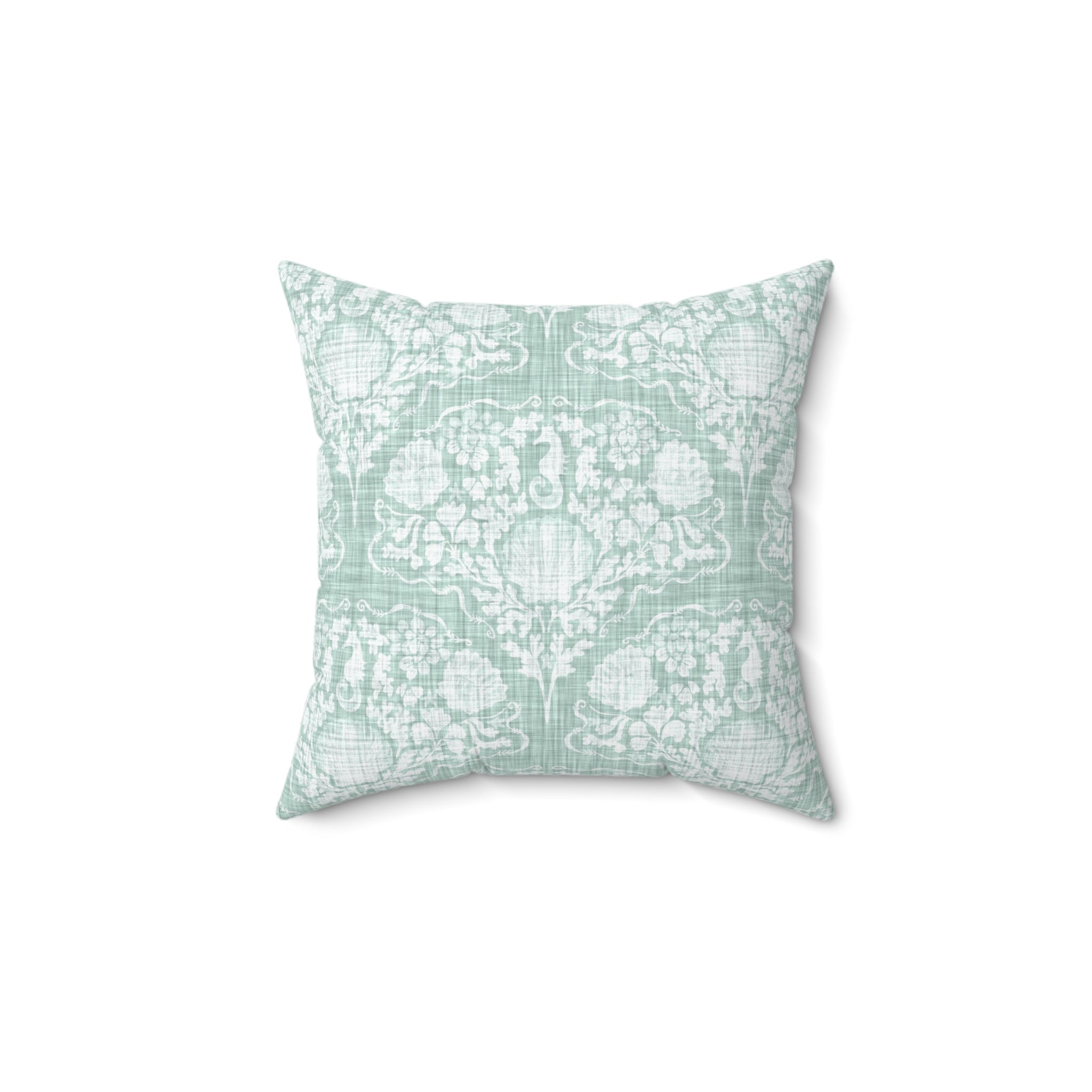 Seafoam Seahorse Damask Throw Pillow