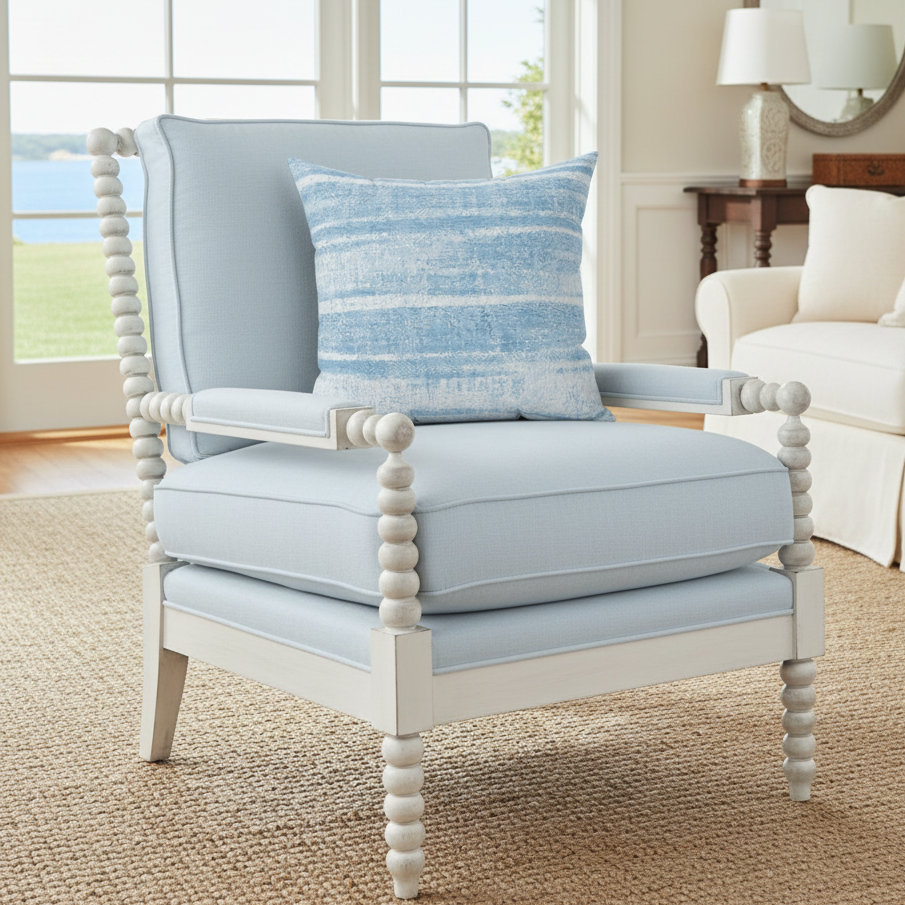 Blue striped coastal throw pillow with pale blue and white watercolor stripes on a light blue armchair.