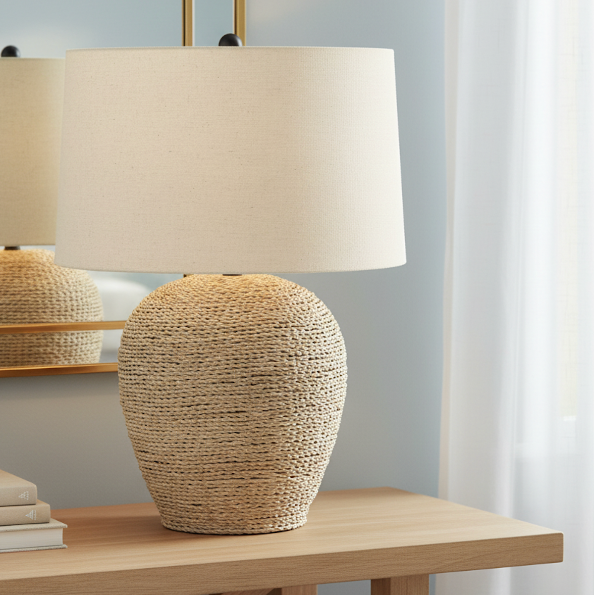 25" Coastal Table Lamp with Rattan Base & Linen Drum Shade