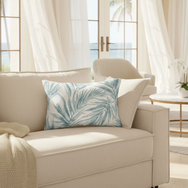 Seafoam Palm Leaves Lumbar Pillow
