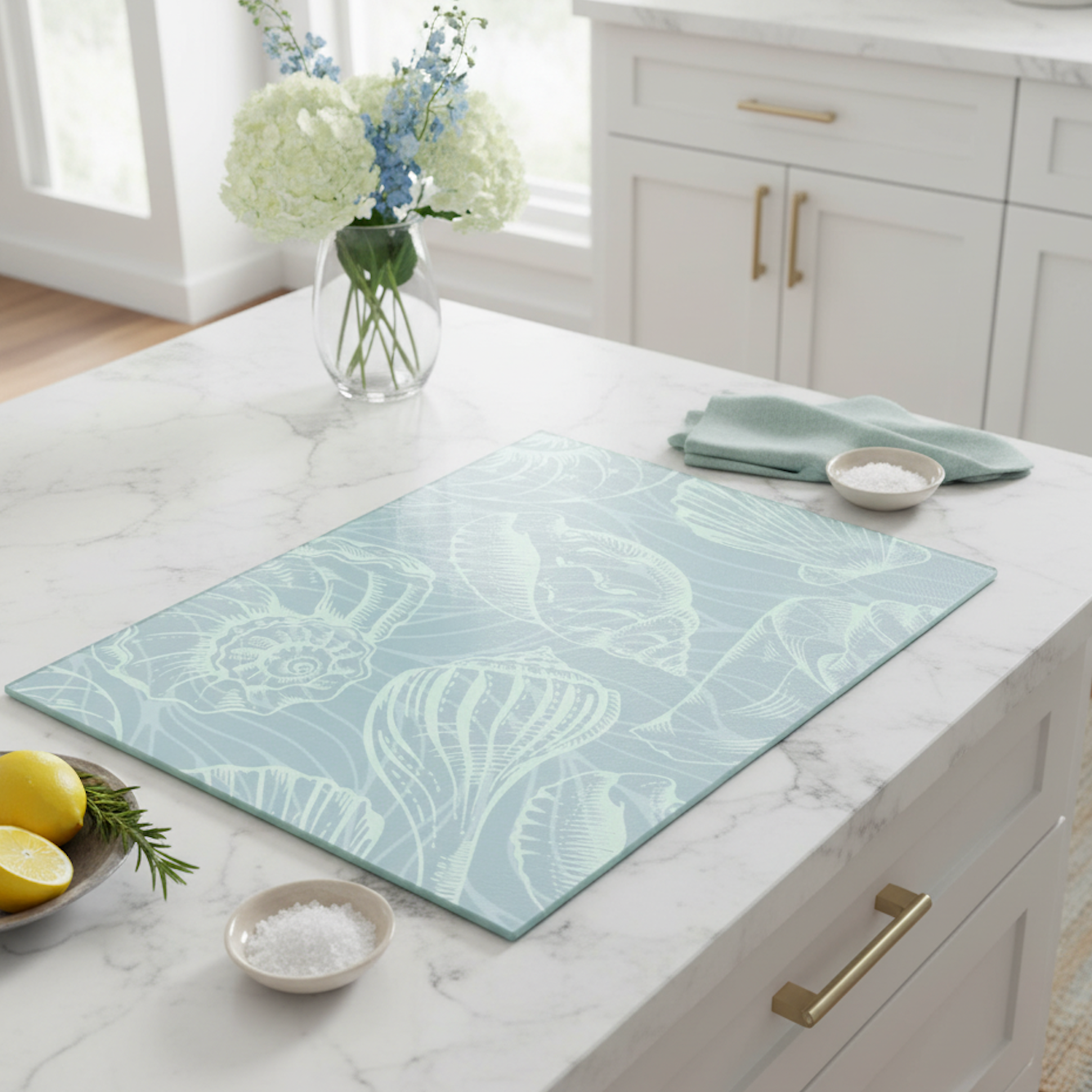 Coastal Seashell Glass Cutting Board