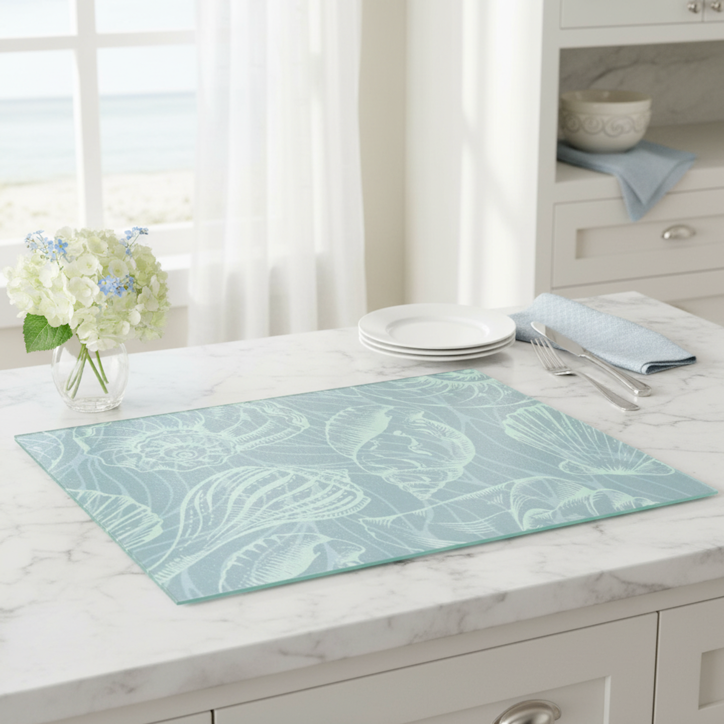 Coastal Seashell Glass Cutting Board