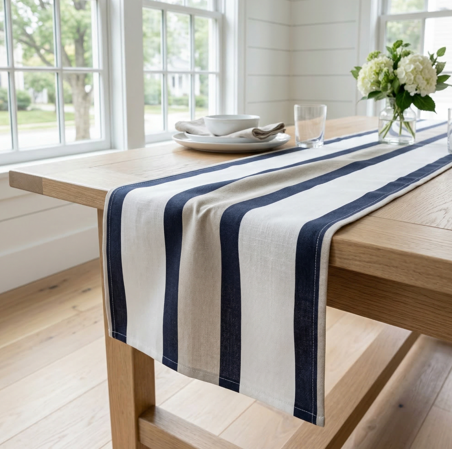 Navy and sand striped cotton-poly table runner on a light wood dining table with white dishes and a vase.