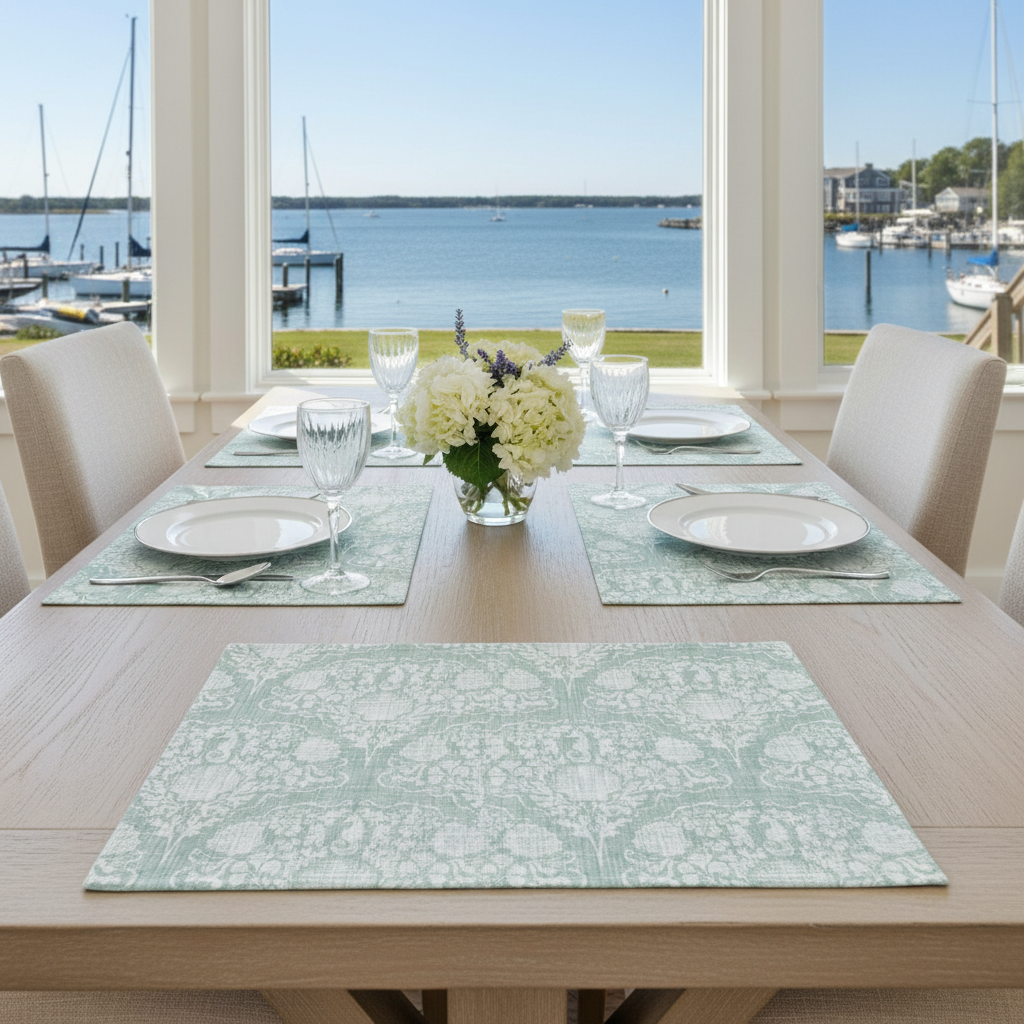 Aqua Seahorse Damask Placemat with seahorse accents on a coastal dining table by the marina.