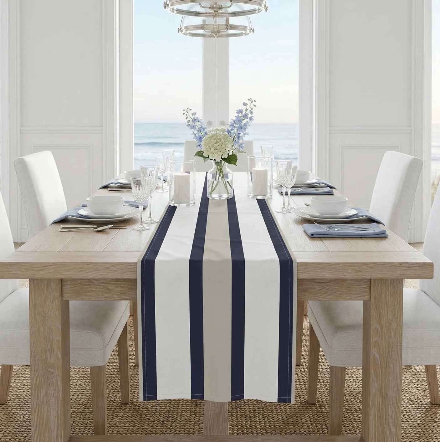 Navy and Sand striped cotton-poly table runner on a light wood dining table, coastal farmhouse decor.