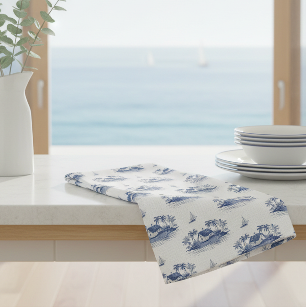Blue Sailboat & Island Toile Kitchen Towel