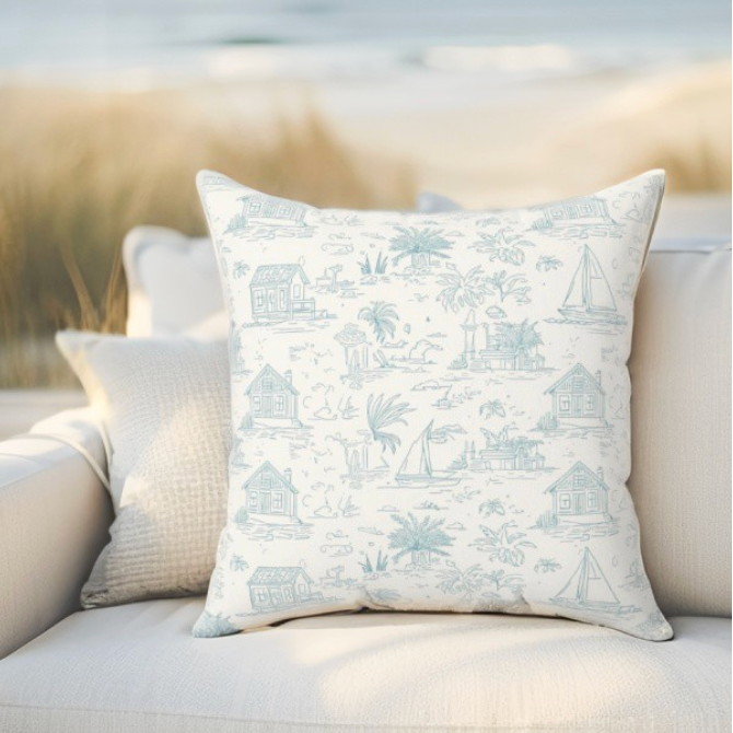 Coastal Toile Faux Suede Pillow — Nautical Beach Cottage Square Throw