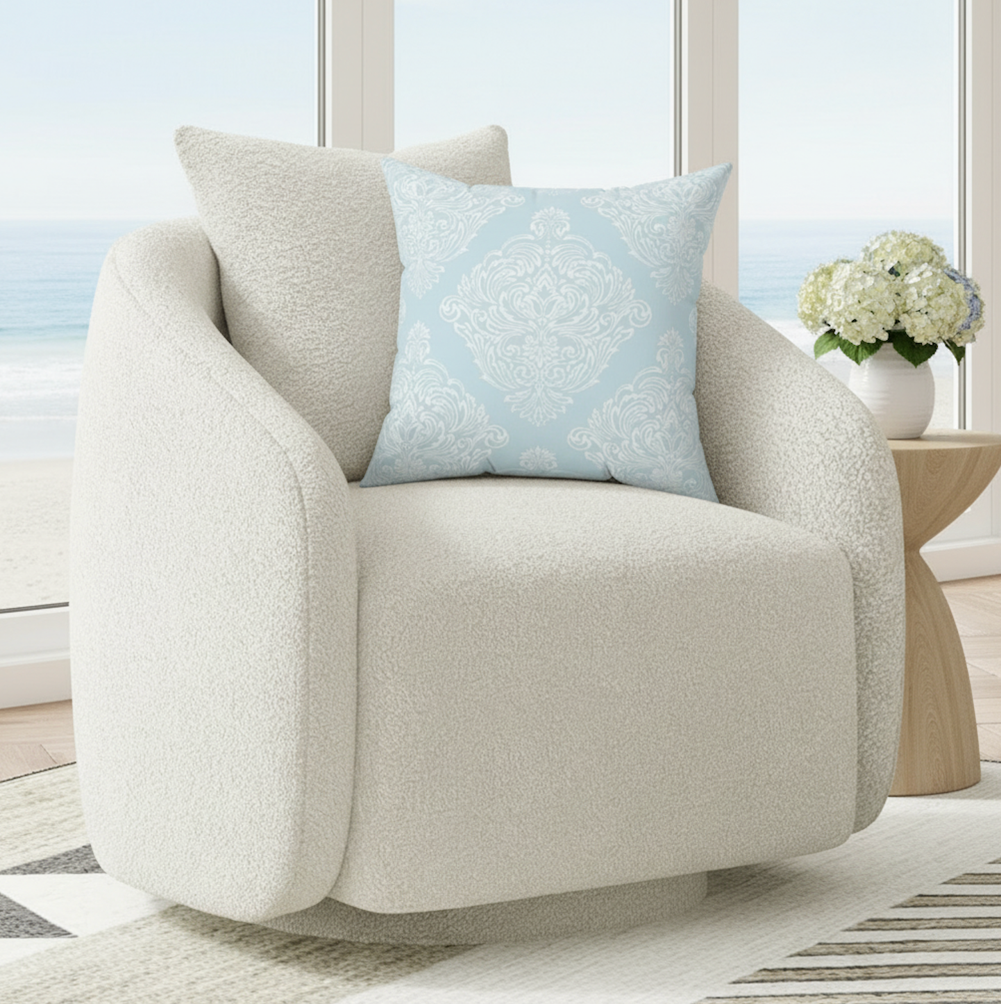 Light Blue Aqua Damask Throw Pillow