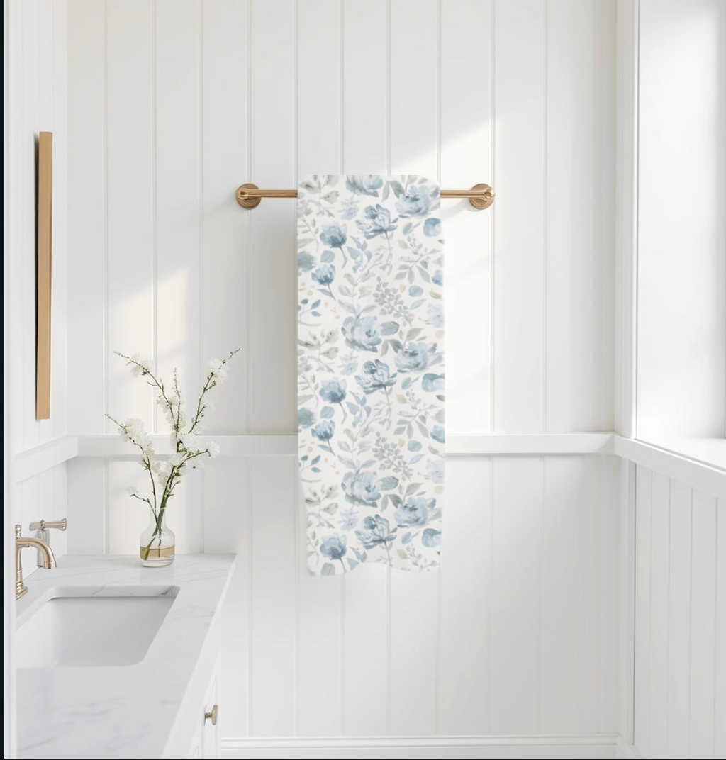 Blue Floral Cotton Bath Towel