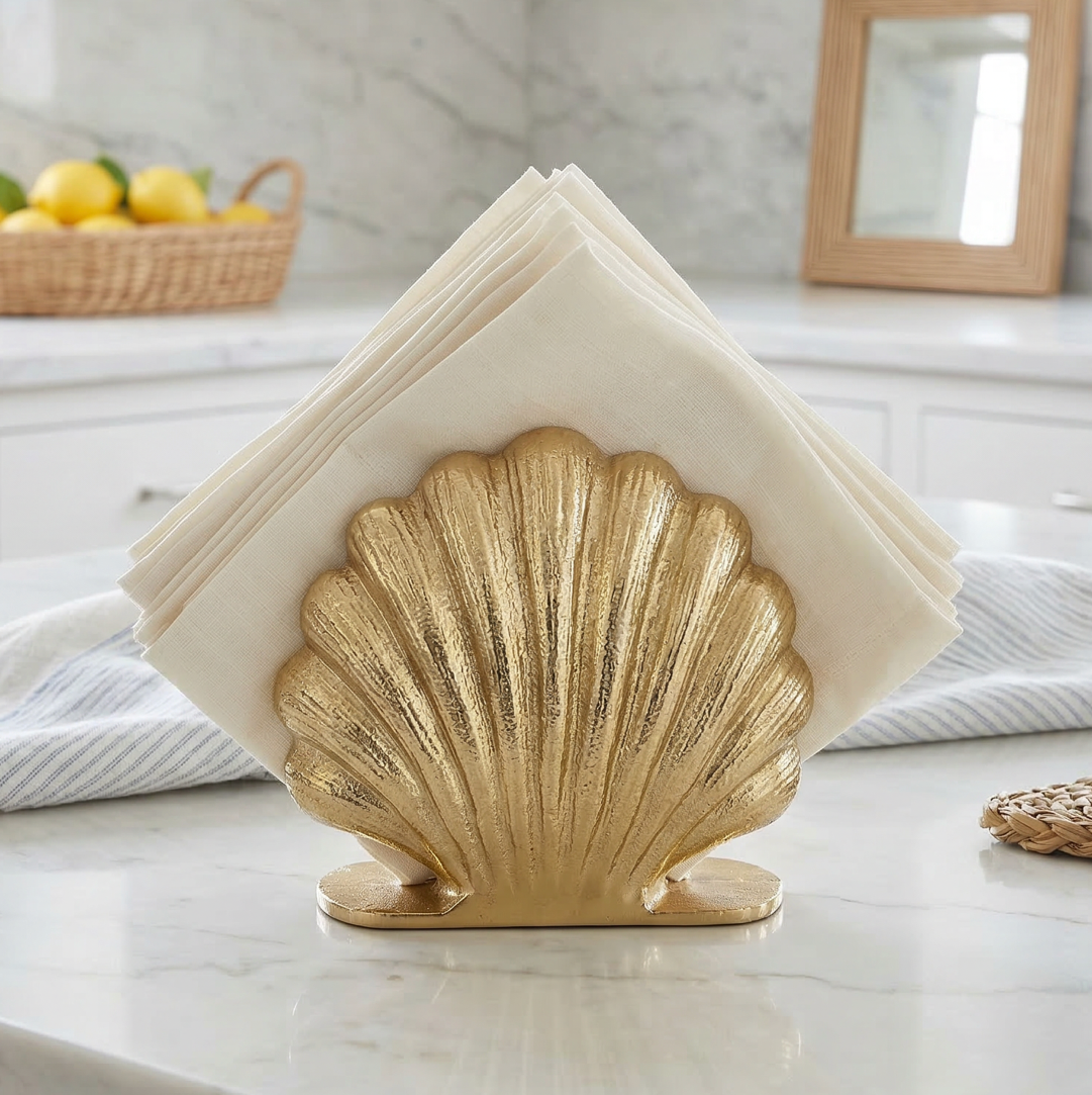 Gold shell-shaped napkin holder with white napkins on a kitchen counter.