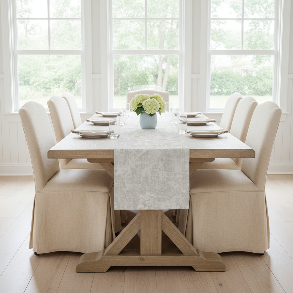 Soft neutral botanical table runner with a subtle gray floral pattern on a light wood dining table.
