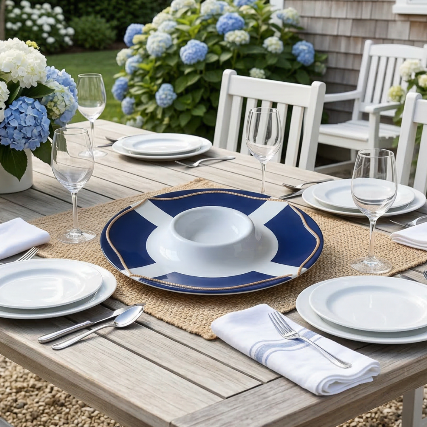 Life Saver Serving Platter with built-in center bowl, blue and white ceramic on an outdoor dining table.