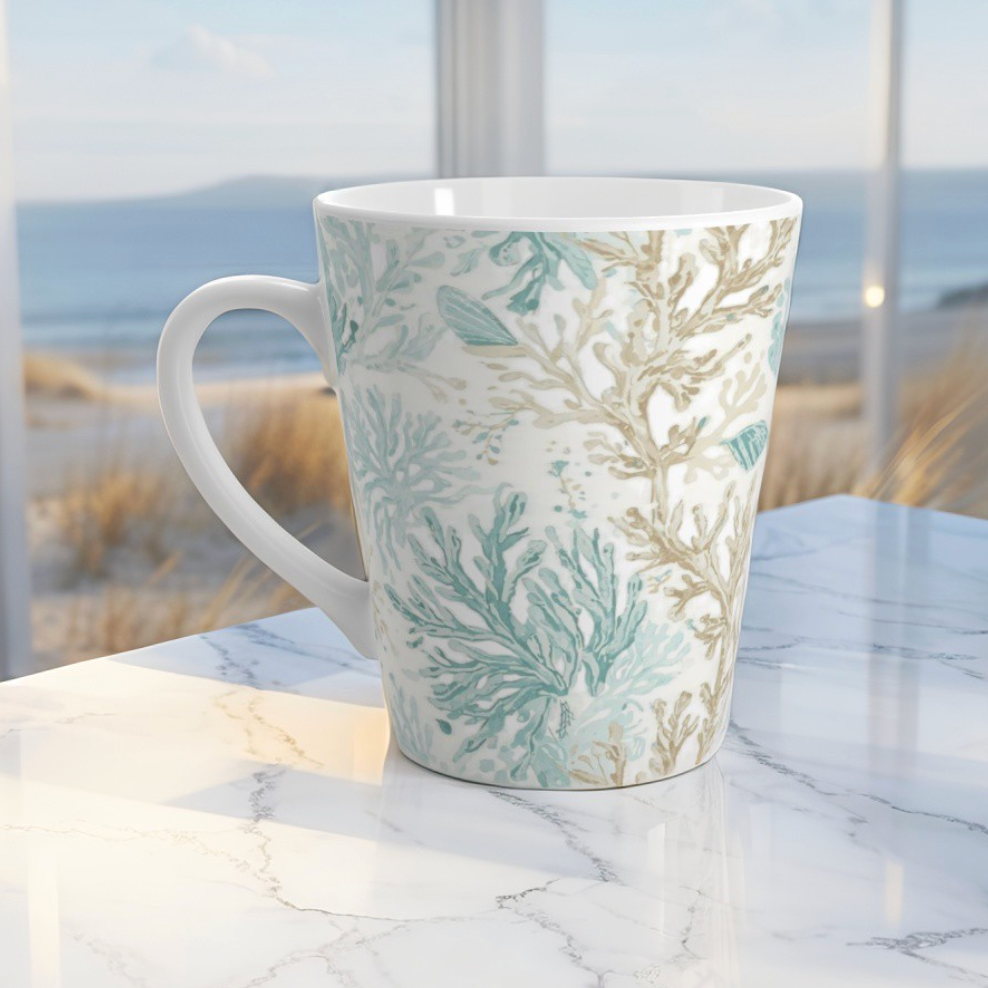 Seafoam Coral Latte Mug — Coastal Floral Ceramic Coffee Cup
