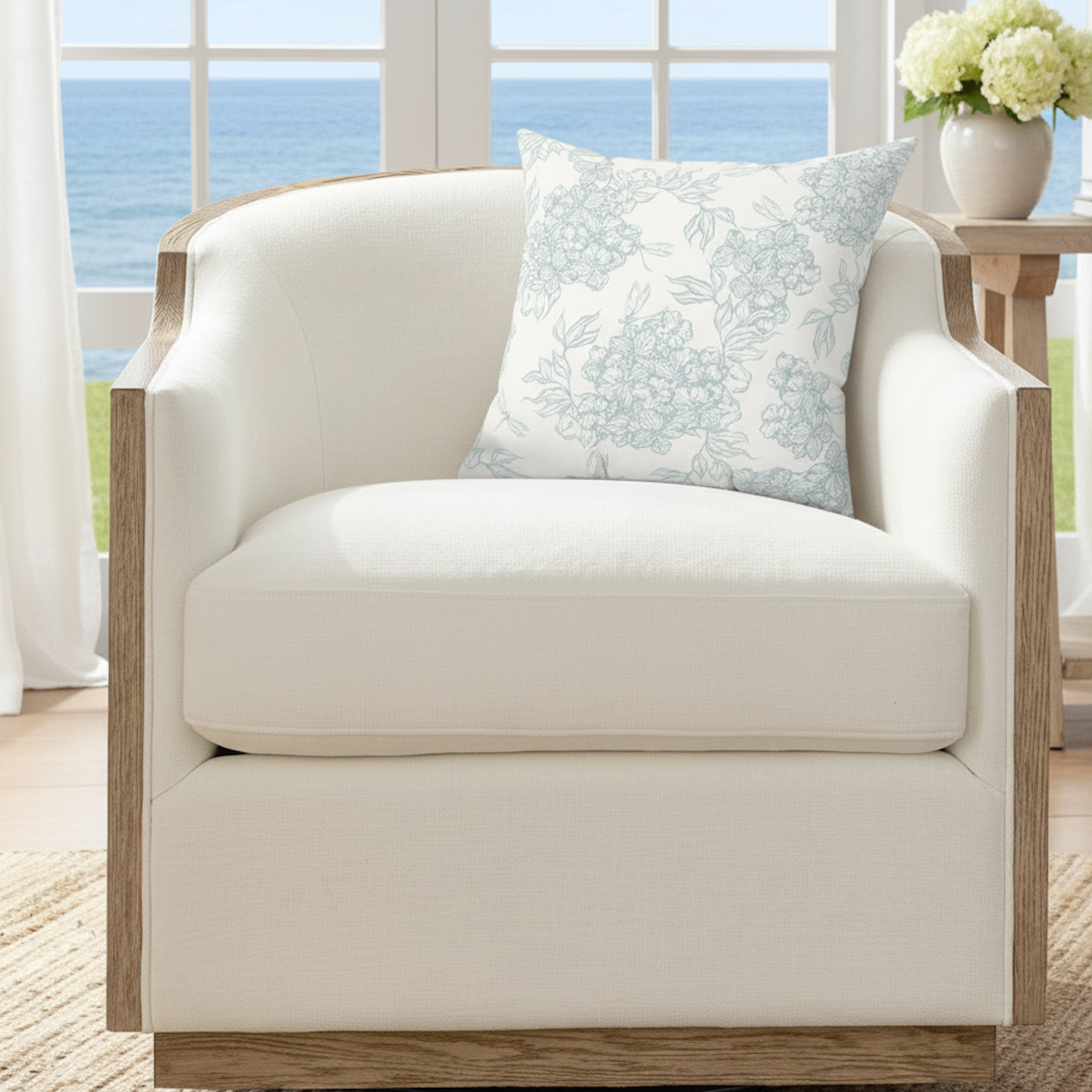 Light Blue Toile Hydrangea Suede Pillow