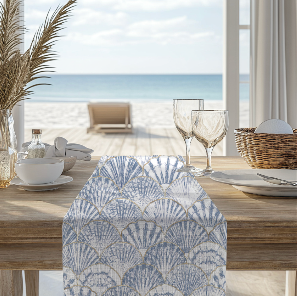 Coastal Navy Blue Seashell Table Runner