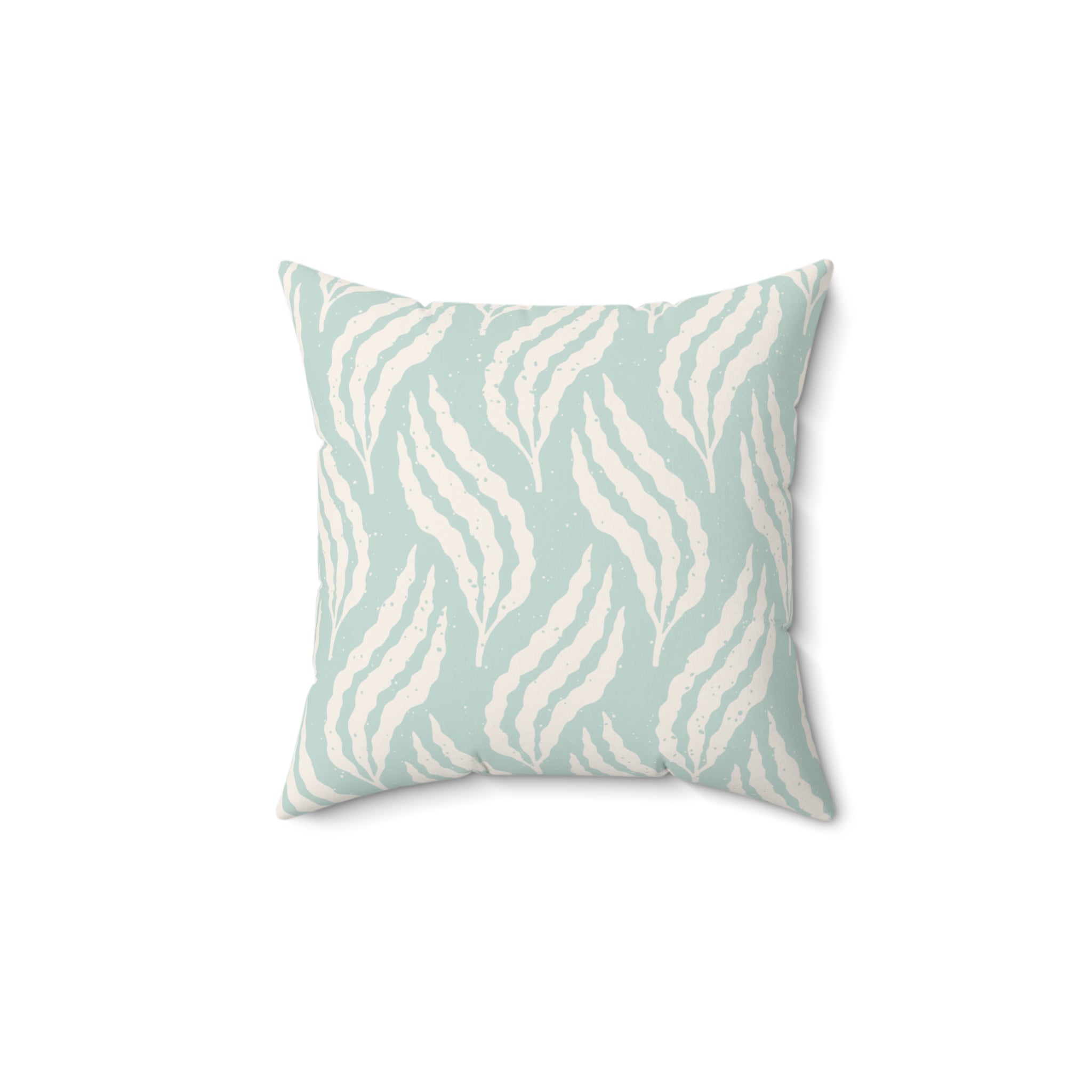Aqua Leaf Pattern Throw Pillow: seafoam backdrop with cream leaf brushstrokes, coastal modern boho decor.