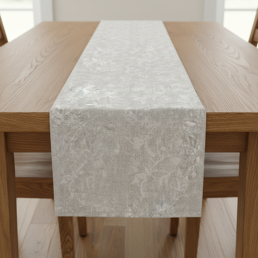 Neutral botanical table runner with a subtle leaf motif and muted palette on a wooden dining table.