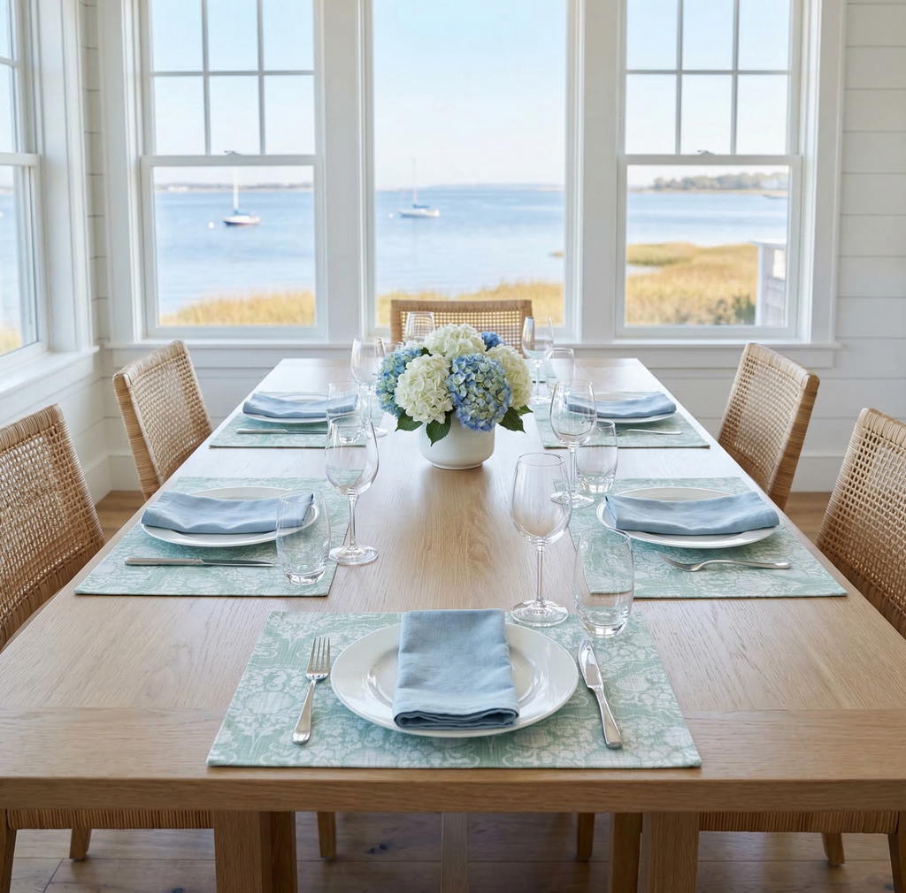 Aqua Seahorse Damask Placemat with seahorse accents on a coastal dining table.