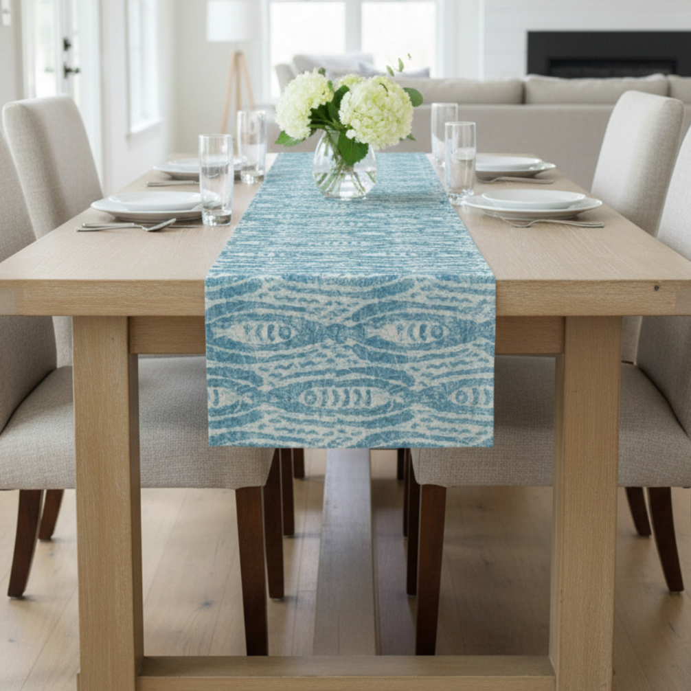 Coastal Blue Ikat Fish Table Runner