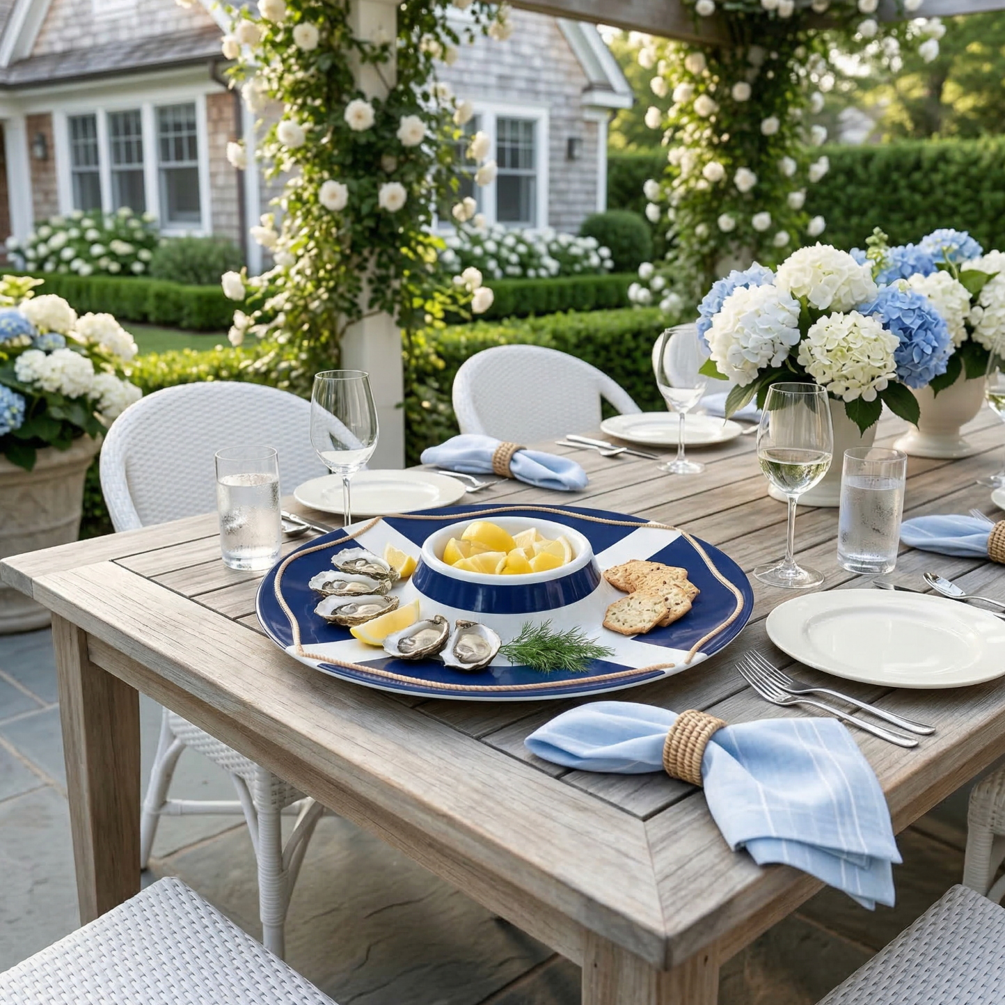 Life Saver Serving Platter with built-in center bowl, oysters and lemon wedges on a blue-and-white platter.