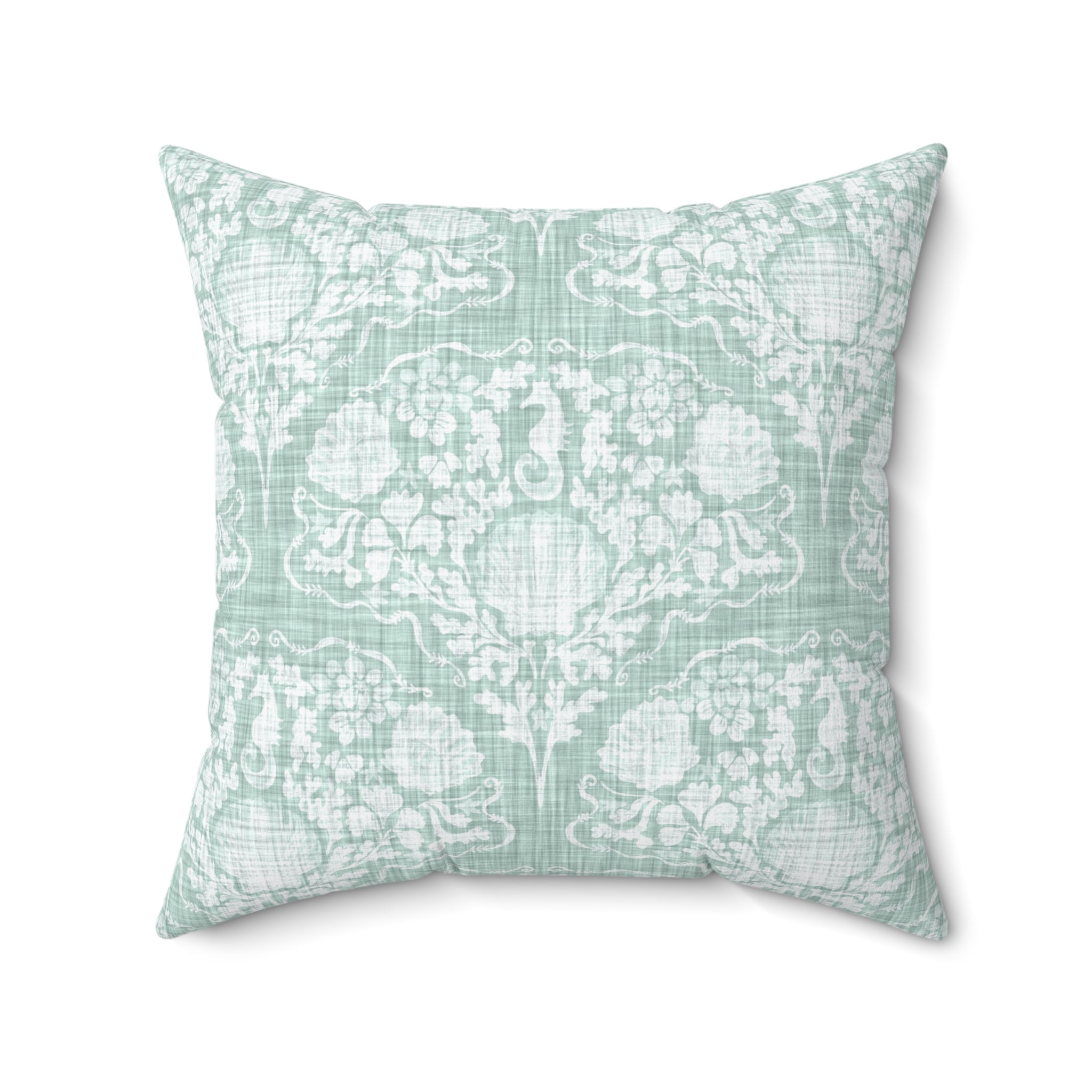 Seafoam Seahorse Damask Throw Pillow