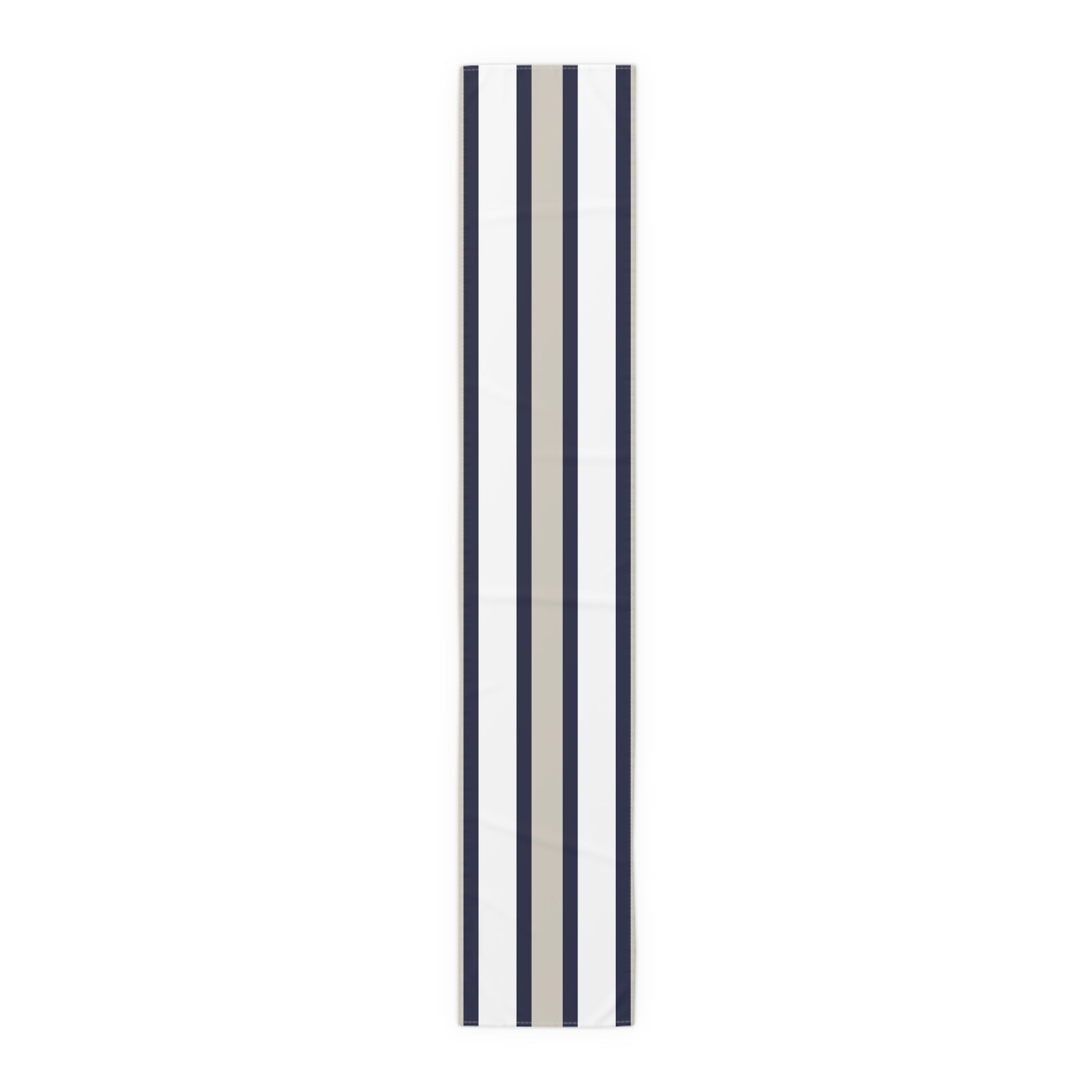 Navy and sand striped cotton-poly table runner for coastal farmhouse dining decor.