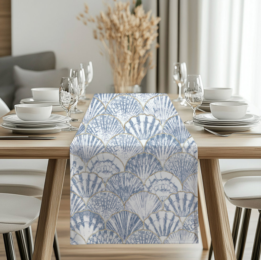 Coastal Navy Blue Seashell Table Runner
