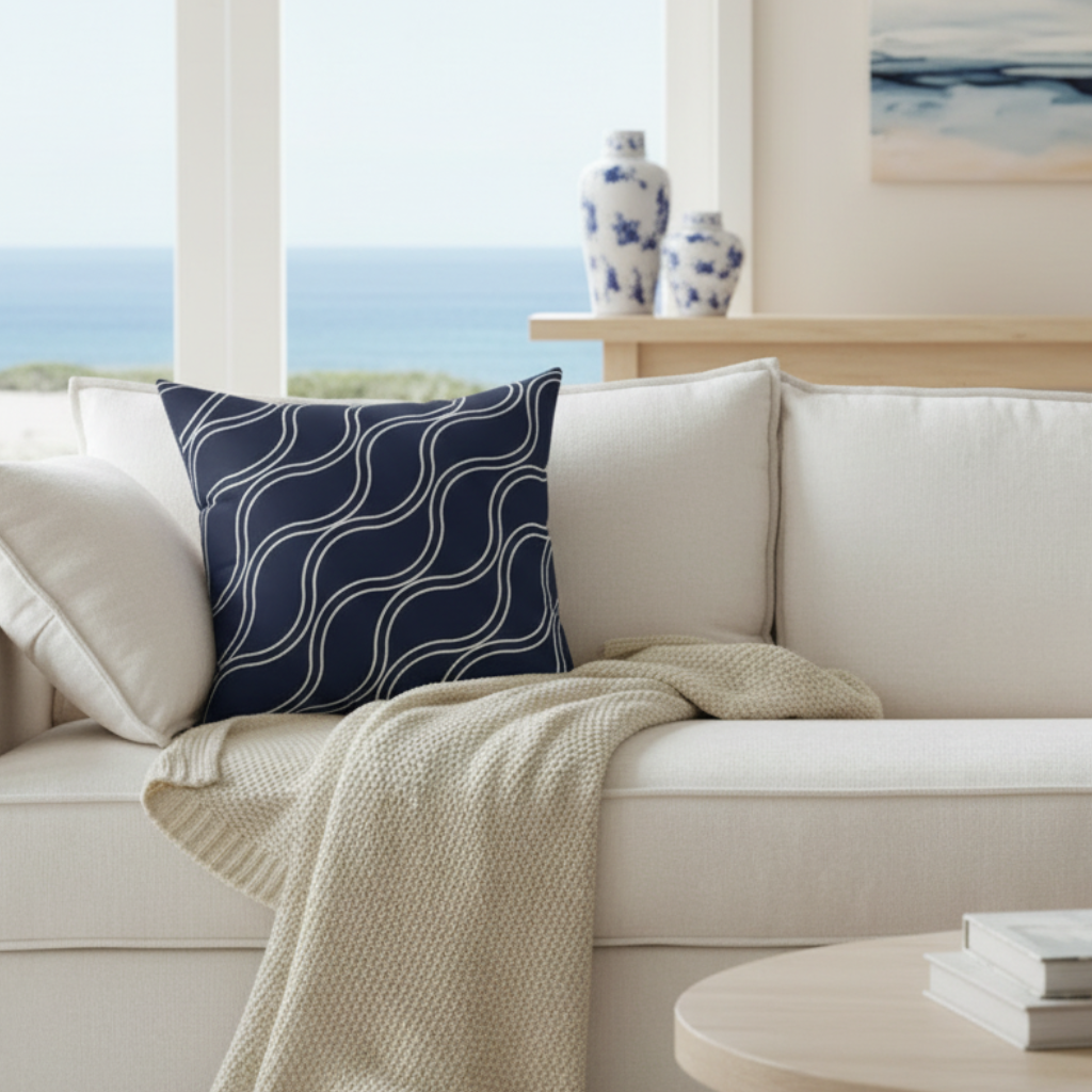 Navy Blue Coastal Wave Throw Pillow