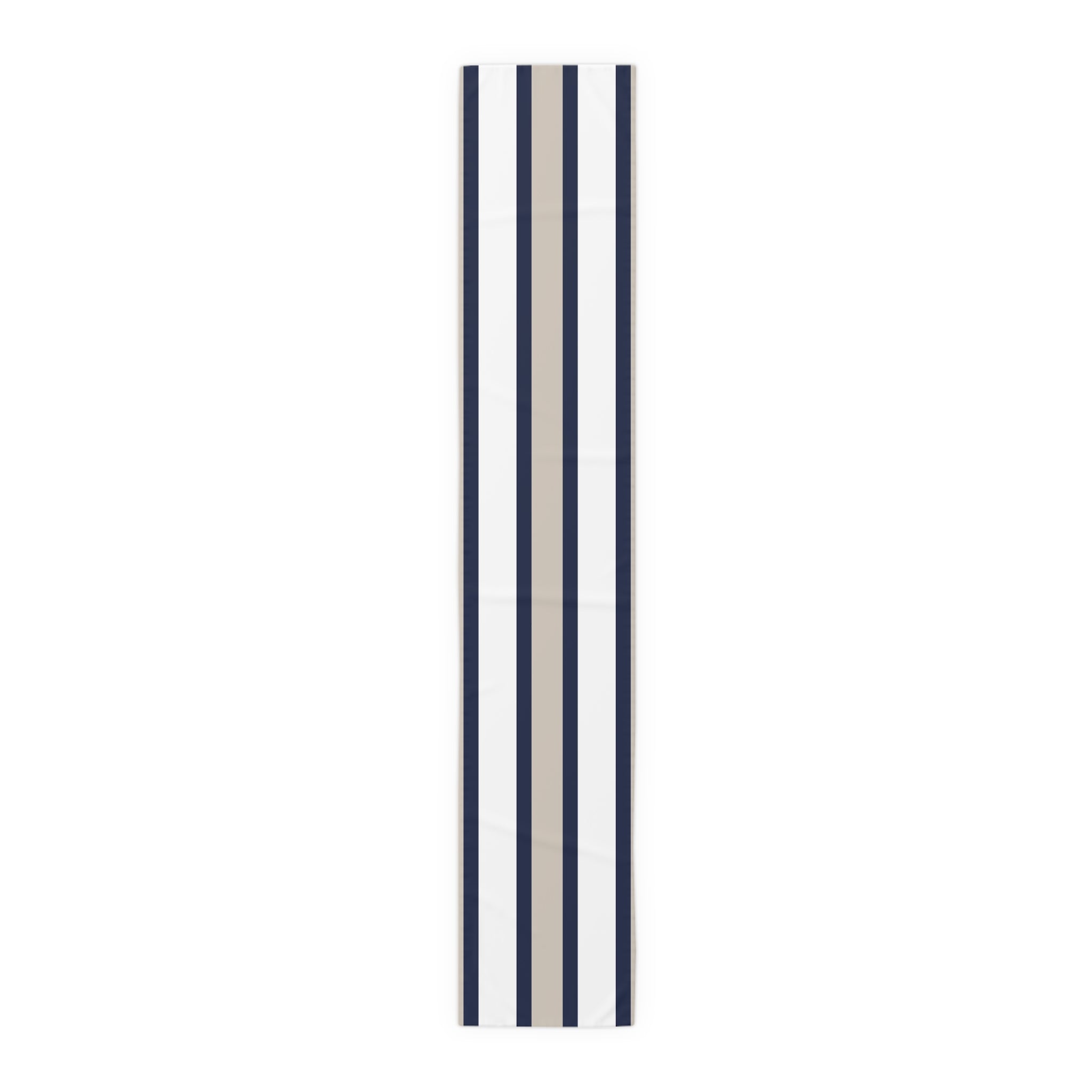 Navy & Sand striped cotton-poly table runner for coastal farmhouse dining decor.