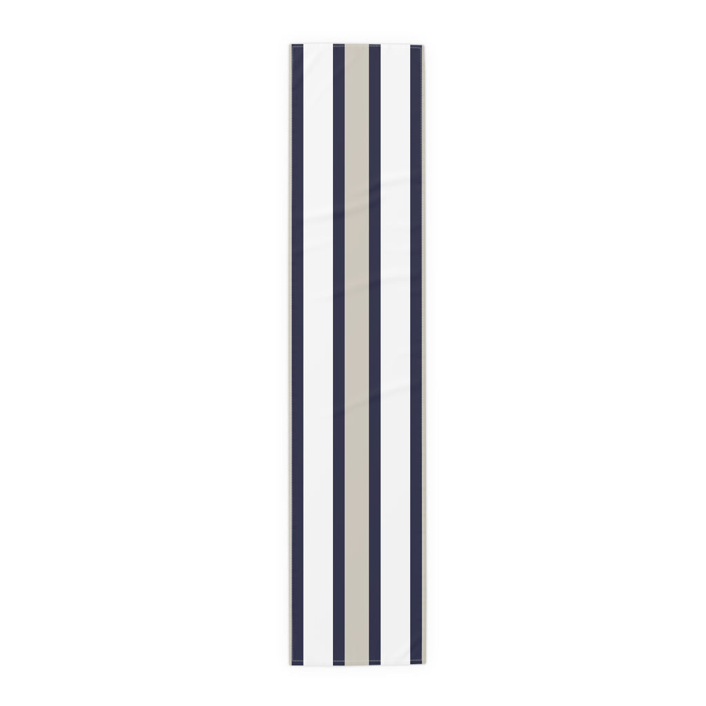 Navy and sand striped cotton-poly table runner with a long tailored look for coastal farmhouse dining.