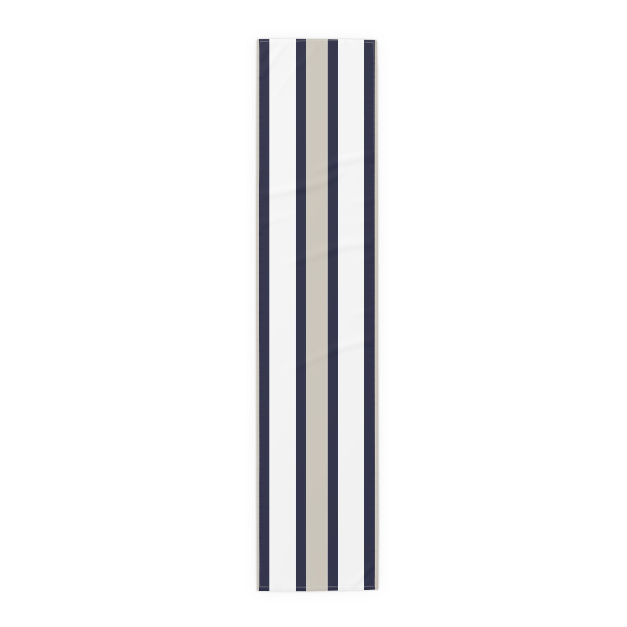 Navy and sand striped cotton-poly table runner with a long tailored look for coastal farmhouse dining.
