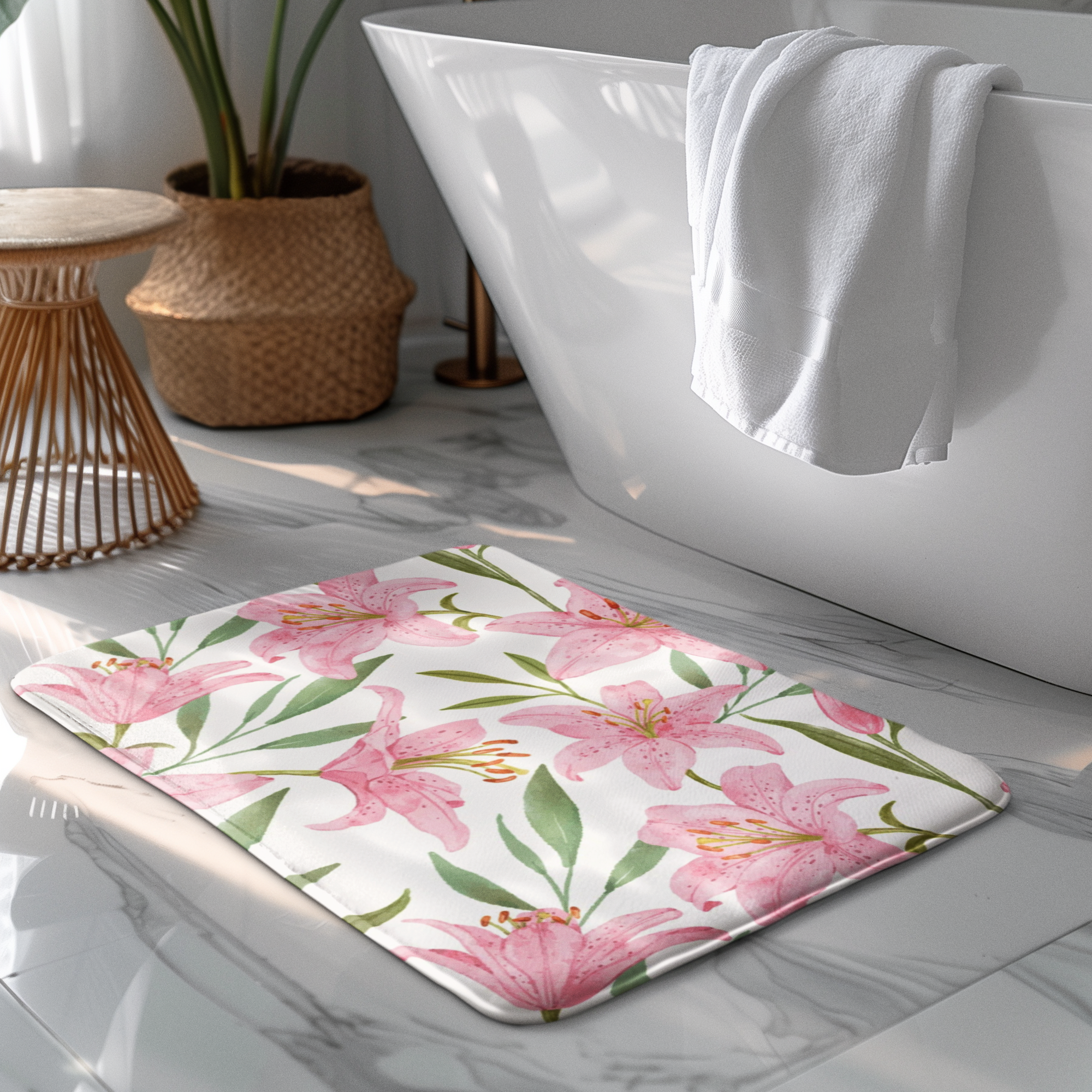 Pink Floral Non-Slip Bath Mat
