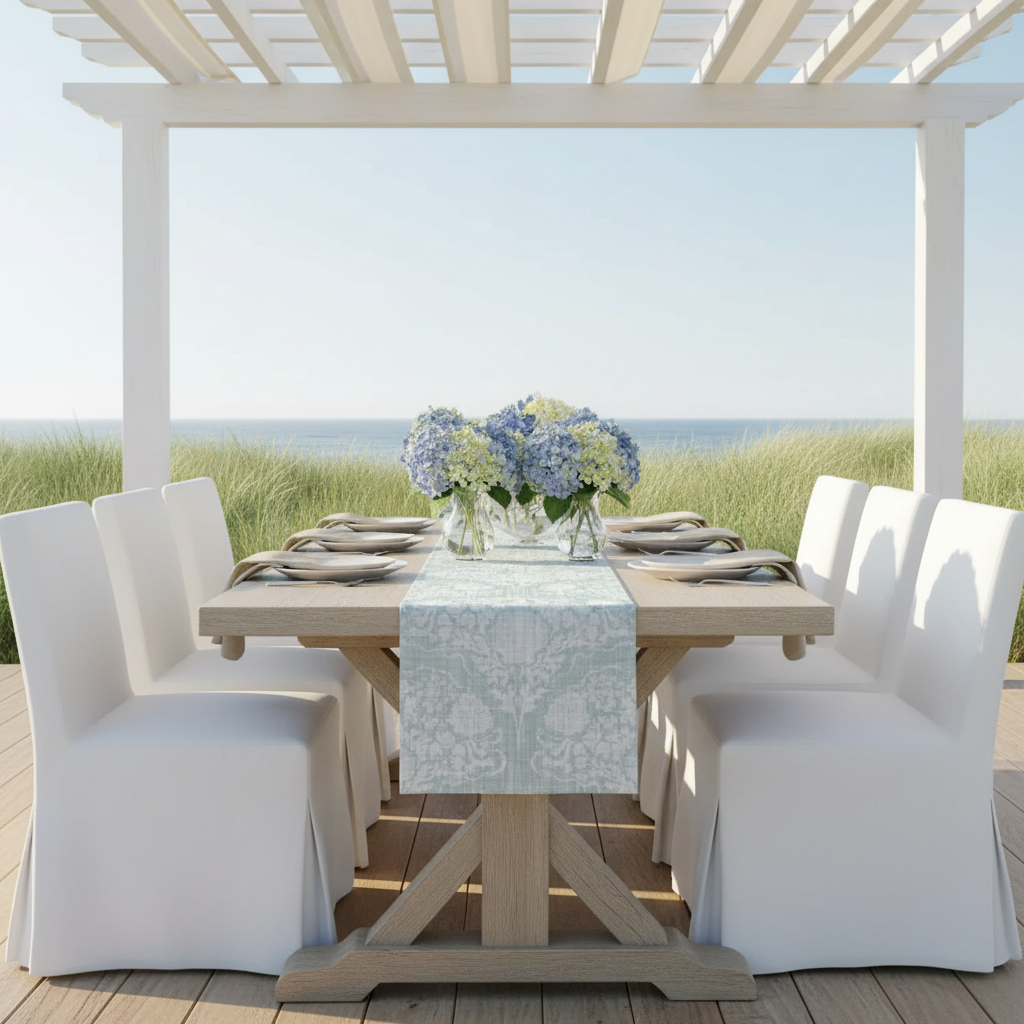 Sage Seahorse Damask Table Runner