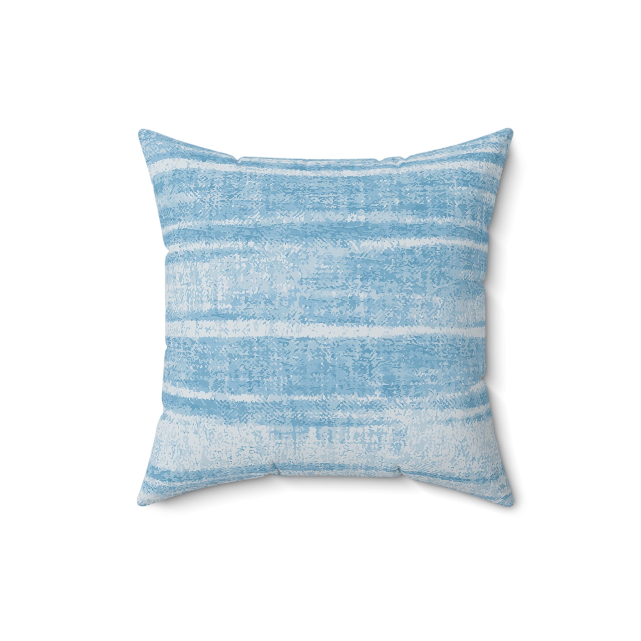 Blue striped coastal throw pillow with pale blue and white watercolor horizontal stripes.