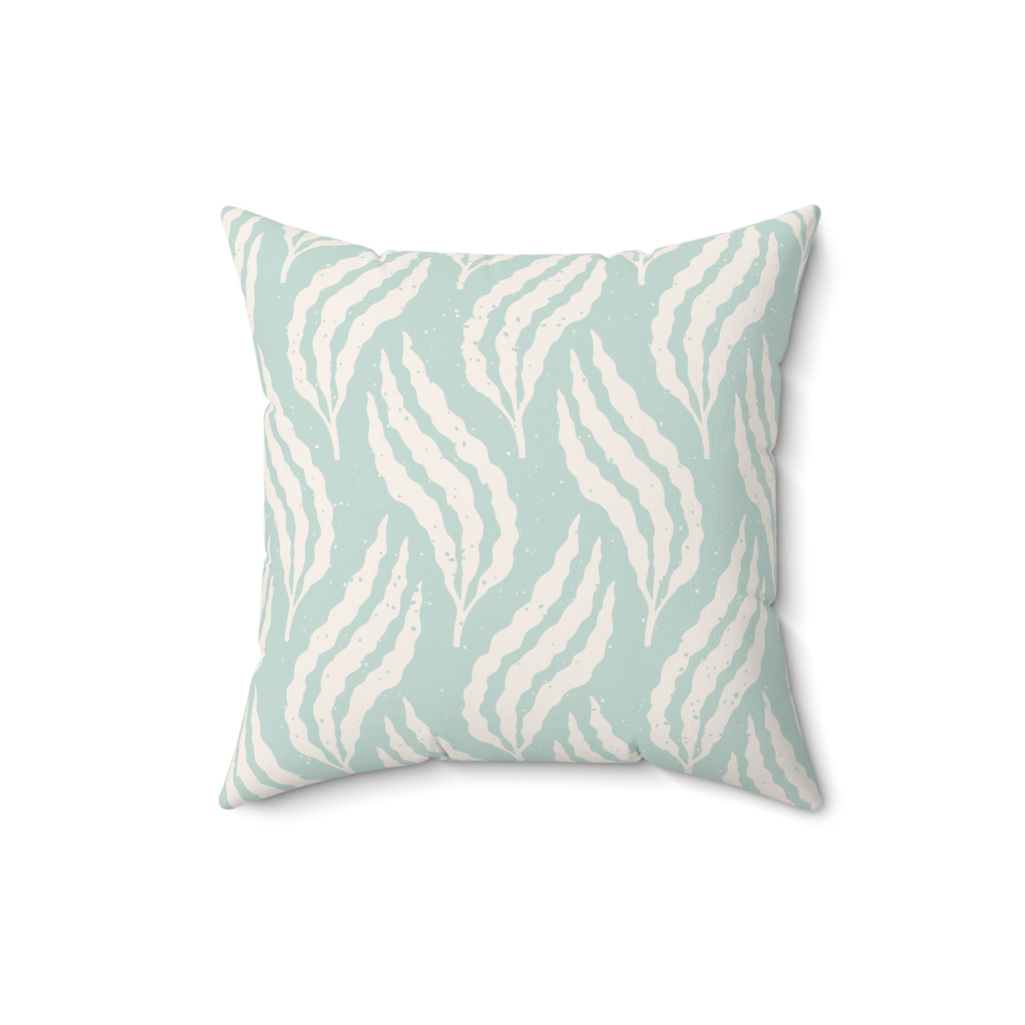 Aqua Leaf Pattern Throw Pillow with seafoam aqua background and cream botanical brushstroke design.
