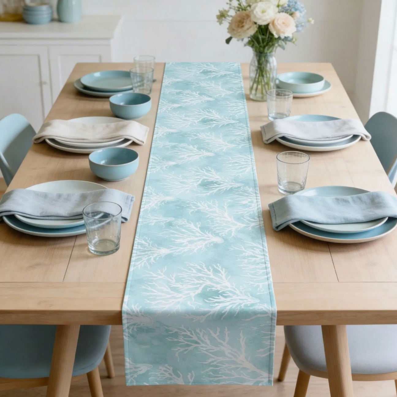 Aqua Sea Coral Pattern Table Runner on a light wood table, seafoam blue with white coral silhouettes.