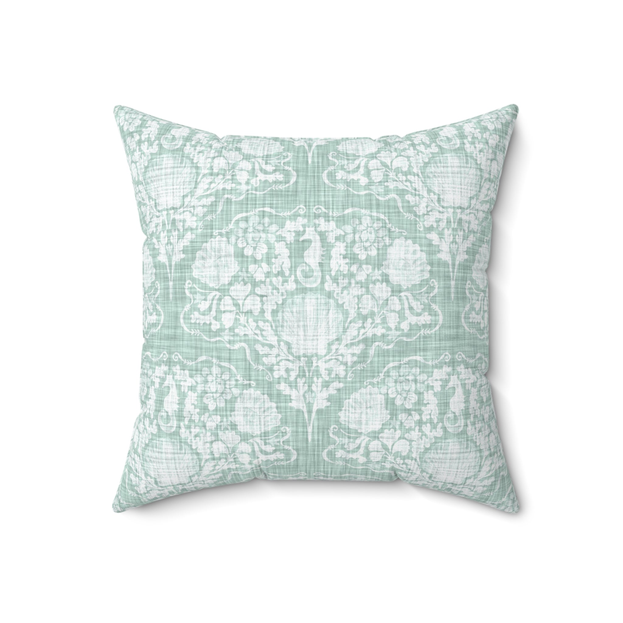 Seafoam Seahorse Damask Throw Pillow