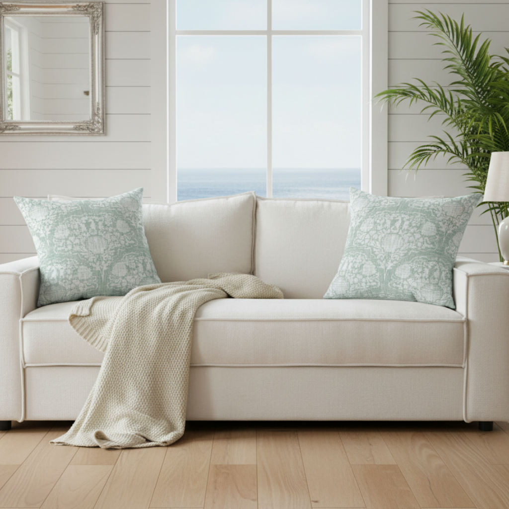 Seafoam Seahorse Damask Throw Pillow