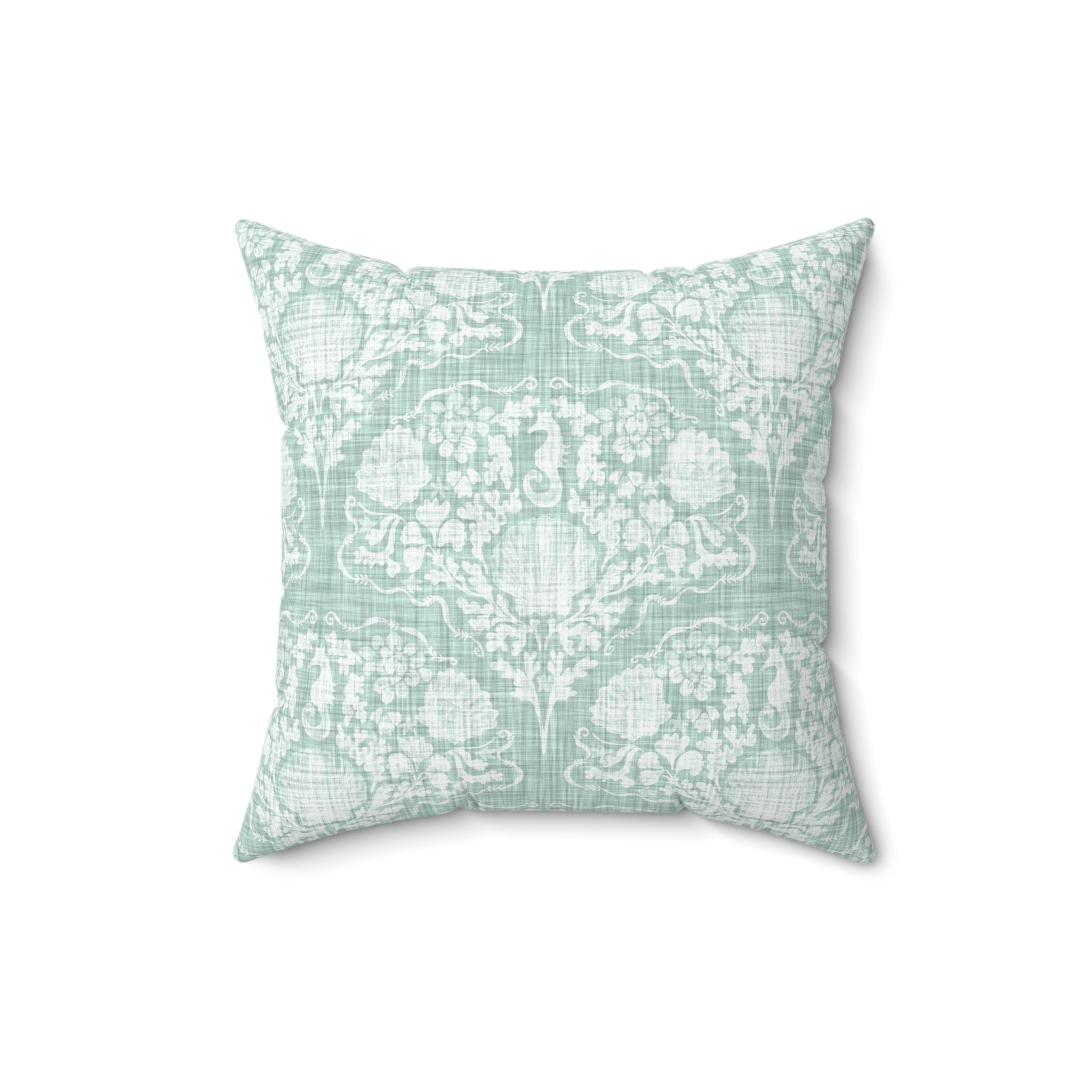 Seafoam Seahorse Damask Throw Pillow