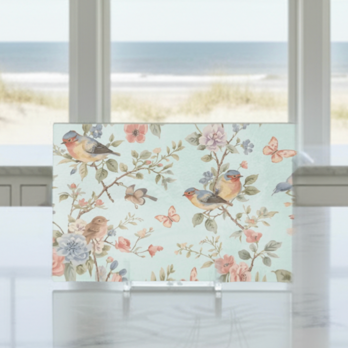 Floral Songbirds Glass Cutting Board