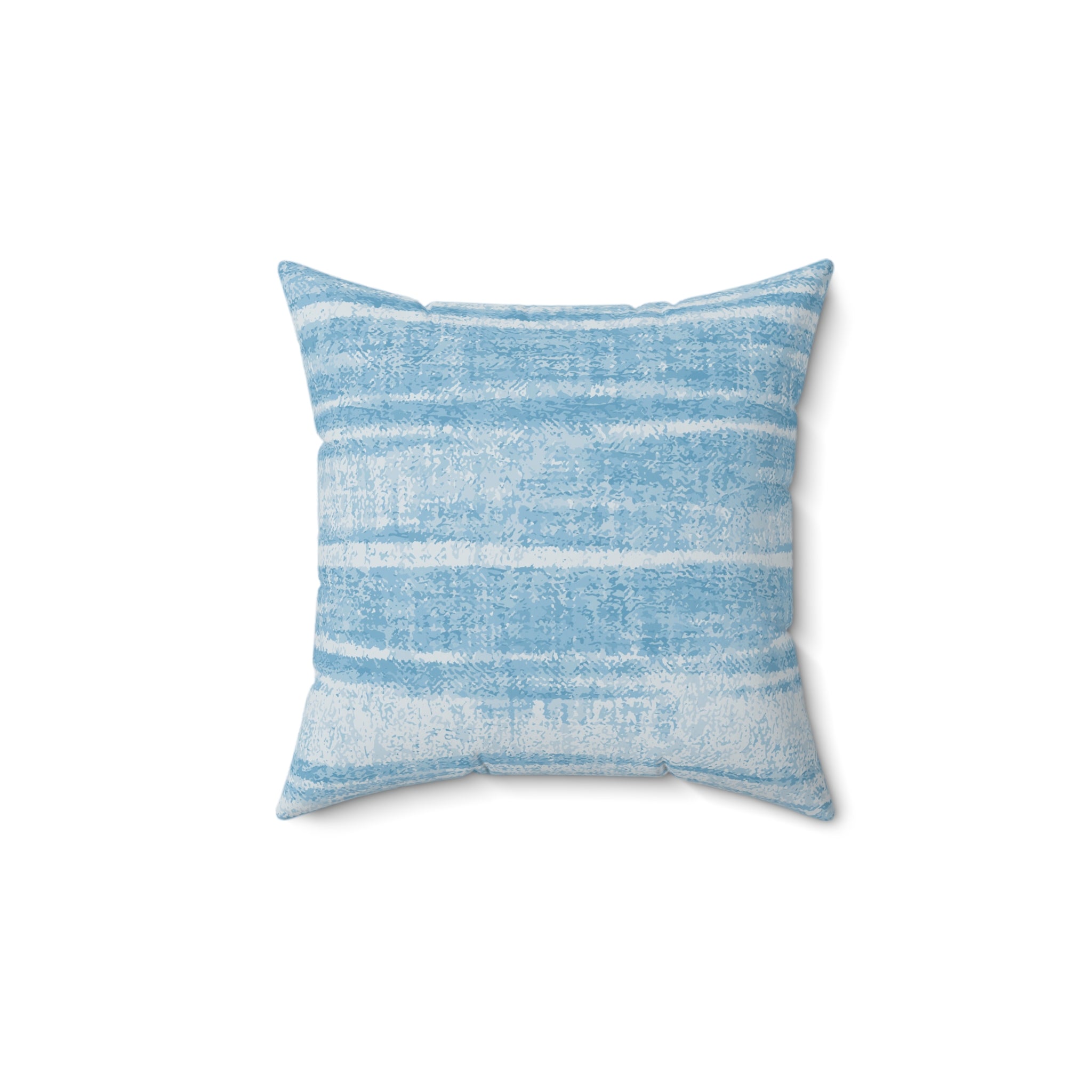 Blue striped coastal throw pillow with pale blue and white watercolor horizontal stripes.