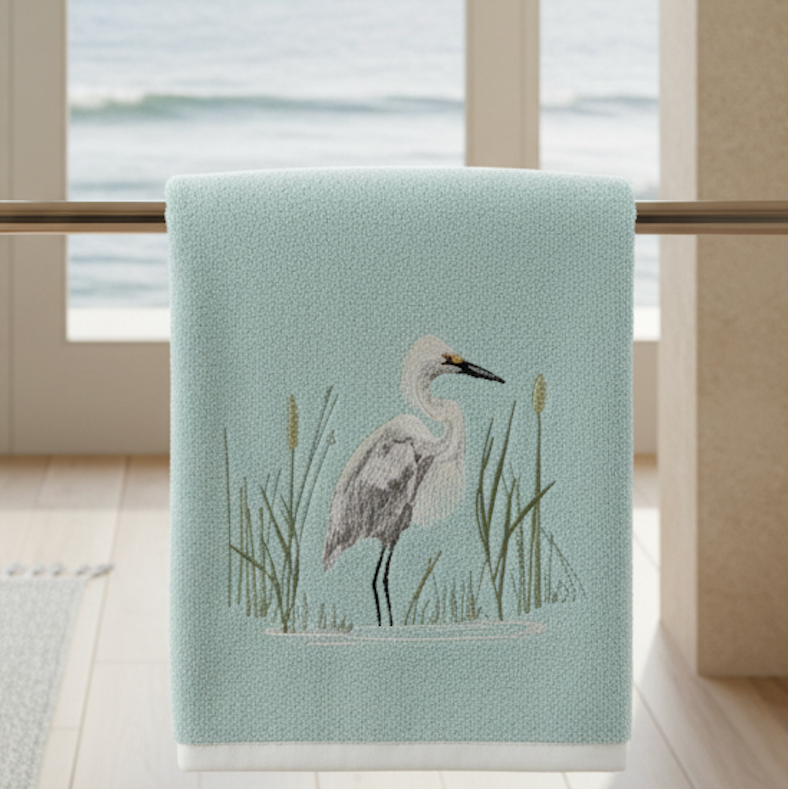 White Egret Bird Terrycloth Guest Hand Towel